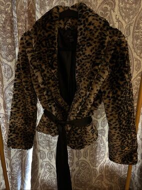 XOXO Faux Fur Leopard Print Belted Jacket in Brown and Black